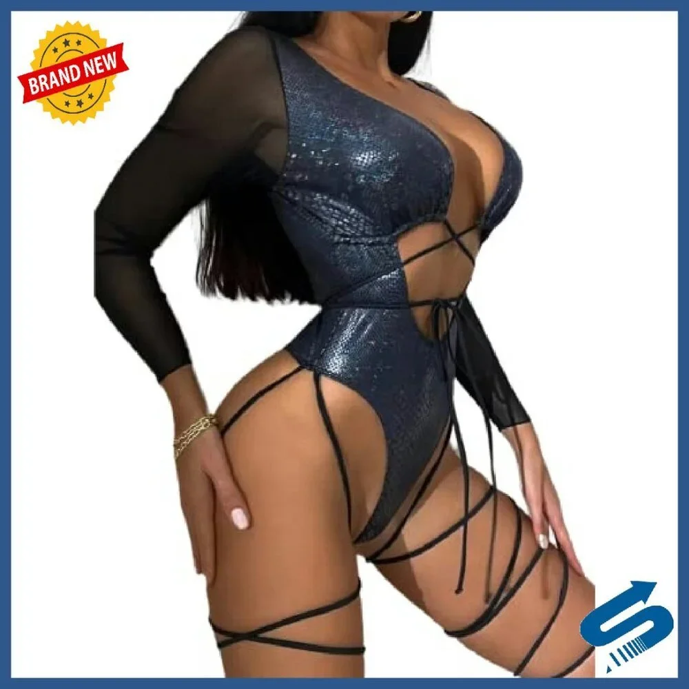 Sheer Long Sleeve Bodysuit with Front Buckle Cut Out Snakeskin Print - Picture 4 of 7